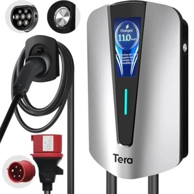 Abbildung von Tera EV Ladegerät typ 2 11kw Heim Ladestation Wallbox Ladekabel Elektroauto mit Kabelhalterung 3 Phasig CEE Stecker 16A 400V Kabel für Elektrofahrzeuge und Plug in Hybrid Autos, Q8 Silber