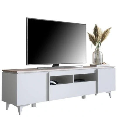 Abbildung von Newroom TV Lowboard Weiß Sandstein Schrank Modern Elegant 177x51,5x40 cm (BxHxT) Fernsehtisch Board Rack [Khora.Five] Wohnzimmer