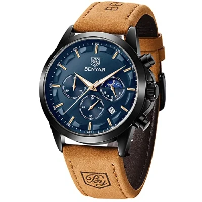 Abbildung von BY BENYAR Uhren Herren Armbanduhr Chronograph Analog Quarz Wasserdicht Braunes Lederarmband Herrenuhr Leuchtende Datum Mode Lässig Business Kleid Elegantes Geschenk fur Männer