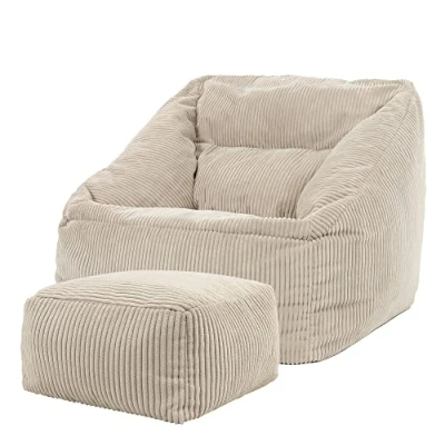 Abbildung von Icon Riesen Sitzsack Sessel „Morgan“ mit Hocker, Beige, Cord XXL Erwachsene Füllung für das Wohnzimmer, Riesensitzsack Flauschig