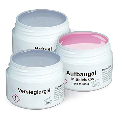 Abbildung von GS Nails UV Gel Set 3x 15ml Nagel für Nail Art &amp; Design Haft Gel, mittelviskoses Aufbau Pink Milchig, Versiegelungs 45ml