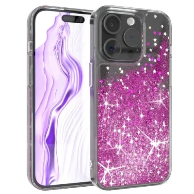 Abbildung von EAZY Case Glitzer Hülle kompatibel mit iPhone 15 Pro Handyhülle für Silikon leichtes Shiny Cover stoßfestes Phone als Fallschutz in Klar Transparent/Lila