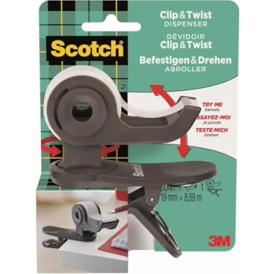 Abbildung von Scotch Clip &amp; Twist Klebeband Abroller C19, Grau + Magic Unsichtbares Klebeband, 19mm x 8,89m, 1Rolle/Packung