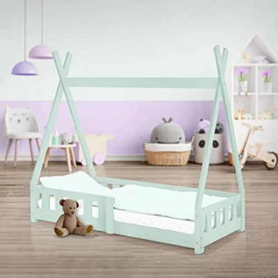 Abbildung von ML DESIGN Kinderbett Hausbett mit Rausfallschutz und Lattenrost Massivholz, Bett 70x140 Mint aus Kiefernholz Spielbett Zelt Zaun