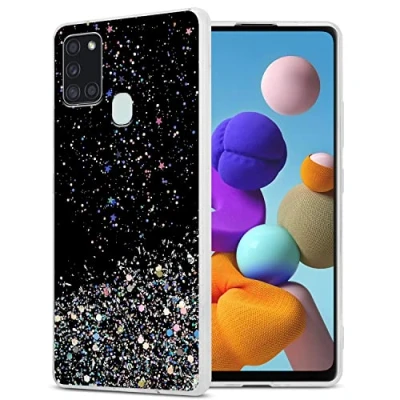 Abbildung von Cadorabo Hülle kompatibel mit Samsung Galaxy A21s Rundumschutz TPU Silikon Case Mädchen Glitzer Strass Design Slim Kratzfest Weiche Gummi Bling Schutzhülle für in Schwarz