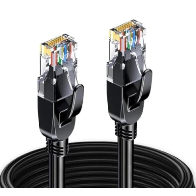 Abbildung von Elfcam® 8 Meter Ethernet Kabel Cat 7 Rund, LAN mit Vergoldetem RJ45 Stecker, Netzwerkkabel 100% Kupfer Starres Verlegekabel, SFTP, 28 AWG, Schwarz, 8m