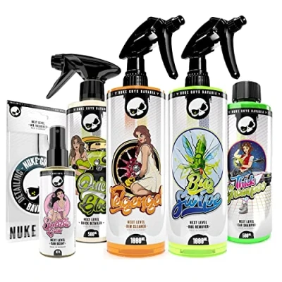 Abbildung von Nuke Guys Auto Reinigung Bundle Thick Shampoo Autoshampoo 0,5L + Felgenreiniger 1L Bug Swipe Insektenreiniger Quick Detailer Bubblegum Autoduft Duftanhänger