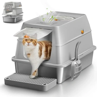Abbildung von XXL Edelstahl Katzenklo geruchsfrei mit Deckel, große Katzentoilette aus Edelstahl, Geschlossen Katzen WC, auslaufsicher und leicht zu reinigen Grau