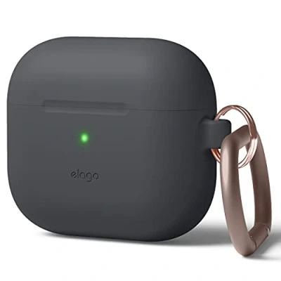 Abbildung von elago Silikon Hülle mit Karabiner Kompatibel AirPods 3 Case Cover Hochwertiges Silikon, Unterstützt Kabelloses Laden, Stoßfester Schutz, Rundumschutz (Dunkelgrau)