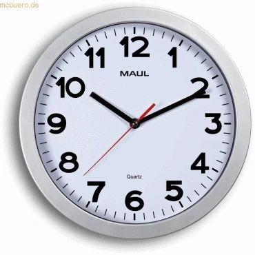 Abbildung von Maul Wanduhr MAULstep Ø 30 cm Quarzuhr mit automatischer Zeiteinstellung Moderne Uhr für Büro und Küche Große guter Lesbarkeit in großen Räumen Silber