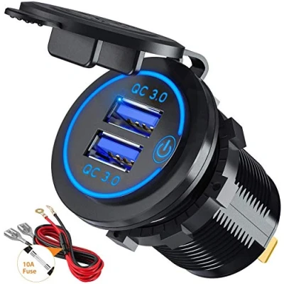 Abbildung von GemCoo QC 3.0 USB Auto Steckdose KFZ Ladegerät 12 V/24 V 36 W mit Touch Schalter Zwei Quick Charge Ladeports Schnellladung für Fahrzeuge Boot Motorrad LKW Wohnwagen Marine (Blau)