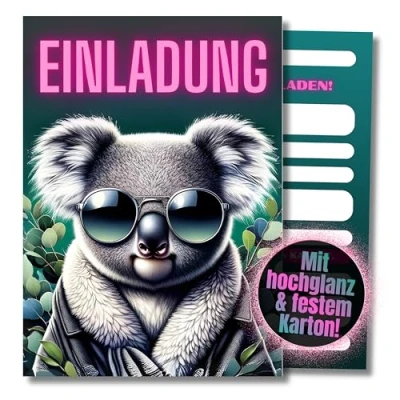 Abbildung von HIDEBLOOM I Einladungskarten Kindergeburtstag Mädchen 12 Stück DIN A6 (10,5 cm x 14,8 cm) Lässiger Koala Einladung Geburtstag Kinderparty Einladungskarte Teenager