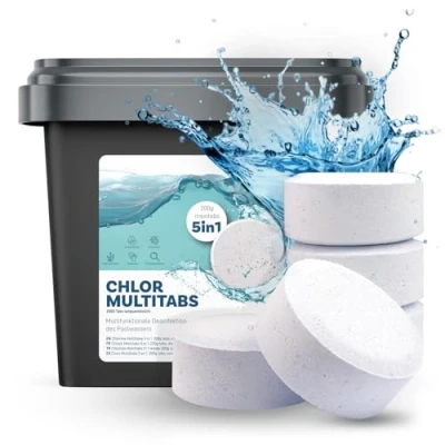 Abbildung von Belko® Chlortabletten für Pools Multitabs 5 in 1 200g Tabs Multi 5kg mit Phasen Pflegewirkung die sichere und saubere Poolpflege hygienisches Poolwasser