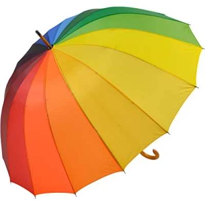 Abbildung von Impliva Langregenschirm Falcone® Regenbogen Schirm Holzstock mit Holzgriff, sehr bunt und farbenfroh im Rainbow Look