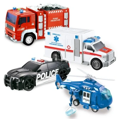 Abbildung von JOYIN 4er Pack Reibungsgetriebenes City Hero Spielzeug mit Feuerwehrauto, Krankenwagen, Polizeiauto und Hubschrauber Einsatzfahrzeugen Licht Ton, Geschenk für Kinder Jungen