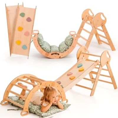 Abbildung von Goodevas 5 in 1 Montessori Klettergerüst Set: Indoor Kletterdreieck, Kletterbogen mit Kissen, und Rutsche für Kinder, Spielplatz 3 Jahre