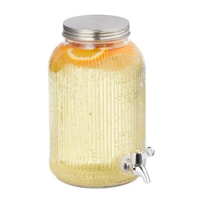 Abbildung von Relaxdays Getränkespender, Limobehälter geriffelt, 4 L, Zapfhahn &amp; Deckel, Wasserspender, Glas Eisen, transparent