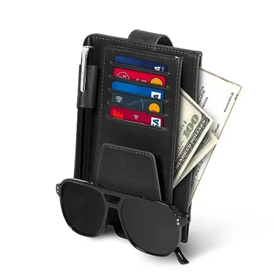 Abbildung von Londo Leder Sonnenblende Organiser Auto Innenraum Beiwerk mit Kreditkartenfächern, Stifthalter, Brillenfach und Fach für die Fahrzeugpapiere (Schwarz)