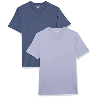 Abbildung von Amazon Essentials Herren T Shirt mit kurzen Ärmeln, V Ausschnitt und schmaler Passform, 2er Pack, Dunkelblau/Lavendel, M