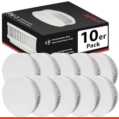 Abbildung von Pyrexx PX 1 Rauchwarnmelder 10 Stück Jahre Batterie mit Magnet Halterung ohne Bohren und LED Blinken, Zertifiziert nach Q Label, Weiß