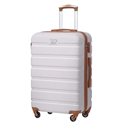 Abbildung von COOLIFE Hartschalen Koffer Trolley Rollkoffer Reisekoffer ardschale Boardcase Handgepäck mit TSA Schloss und 4 Rollen (Weiß/Braun, Großer Koffer)
