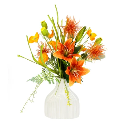 Abbildung von I.GE.A. Kunstblume &quot;Blumenarrangement aus Lilien und Mohnblumen in Vase Keramik&quot;, Dekoblumen Blumenstrauß Seidenblumen Tischdeko Hochzeitsdeko