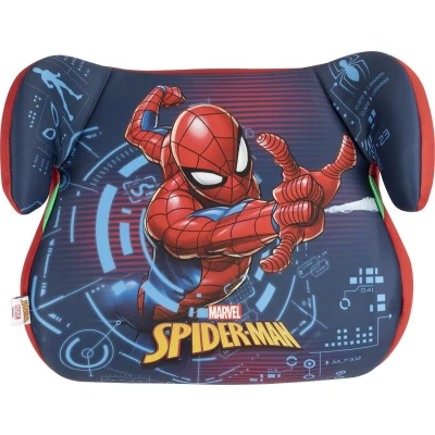 Abbildung von Marvel Spiderman KindSitzerhöhung i Size ECE R129. Autokindersitz für die Sicherheit von Kindern mit Körpergröße 125 150 cm. Sitzerhöhung Grafiken Spider Man, auf blauem Hintergrund.