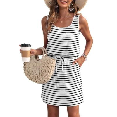Abbildung von WNEEDU Sommerkleid Damen Ärmellose Strandkleid U Ausschnitt KordelzugKleid Luftiges Kleid Sommer mit Taschen Schwarz Streifen Weiß M