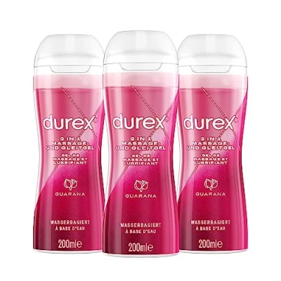 Abbildung von Durex 2 in 1 Massage und Gleitgel Guarana mit Applikator, Kondom geeignet, klebt nicht &amp; hinterlässt keine Flecken, geschmeidige Textur auf Wasserbasis 3er Pack (3 x 200 ml)