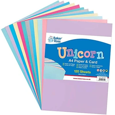 Abbildung von Baker Ross FE211 Einhorn Papier und Karton, A4, 120 Stück, farbiges Kunstzubehör für Kinder, Bastelarbeiten