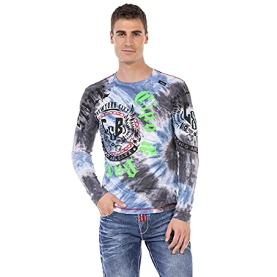 Abbildung von Cipo &amp; Baxx Herren Langarmshirt Longsleeve Batikwaschung Totenkopf Sweatshirt CL471 Blau XXL