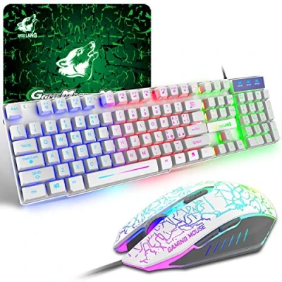 Abbildung von Gaming Tastatur und Maus Set, Italienisches Layout QWERTY Regenbogen LED Hintergrundbeleuchtung Ergonomische Keyboard 6 Tasten 2400 DPI Mauspad, USB Verkabelt, Kompatibel mit PS4 Xbox, Weiß