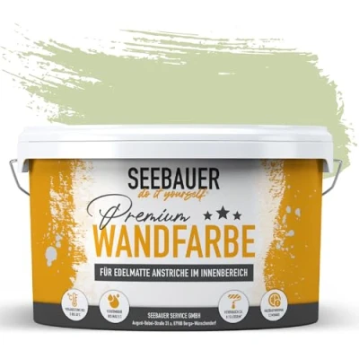 Abbildung von SEEBAUER diy Wandfarbe Grün 5L für Innen (No. 714 Mystic Bamboo) Edelmatte hellgrüne Innenfarbe Grüntöne sehr hohe Deckkraft Matt, Abwaschbar und Tropffrei