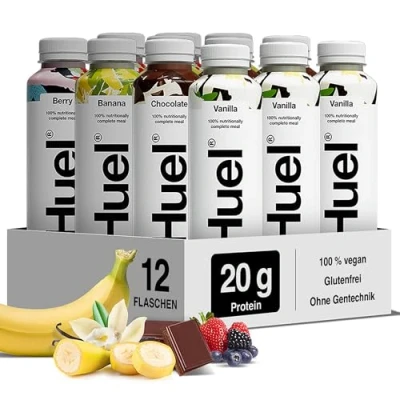 Abbildung von Huel Drink Selection Box, fertige Trinkmahlzeit für unterwegs, 12 x 500 ml, 20 g Protein, Reich an Vitaminen, Mineralstoffen &amp; Ballaststoffen, 4 Sorten: Schokolade, Vanille, Berry und Banane
