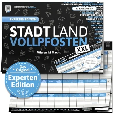Abbildung von DENKRIESEN Stadt Land VOLLPFOSTEN® Experten Edition Wissen ist Macht A3 Partyspiel Familienspiel Fluss Spielblock Geschenkidee Spaß vorprogrammiert