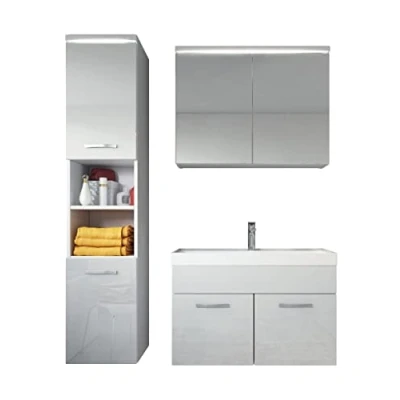 Abbildung von Badezimmer Badmöbel Set Paso LED 80cm Waschbecken Hochglanz Weiß Fronten Unterschrank Hochschrank Spiegelschrank