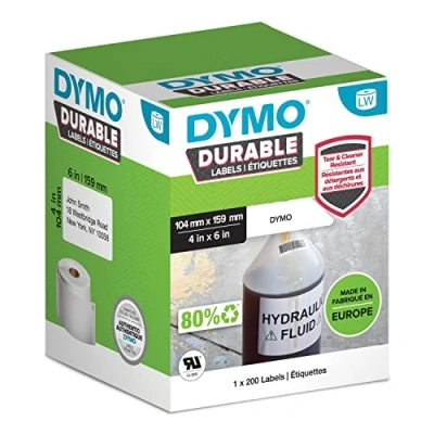 Abbildung von DYMO Original LabelWriter Hochleistungs Etiketten 104 mm x 159 weißes Kunststoff Etikett Rolle mit 200 für Beschriftungsgerät