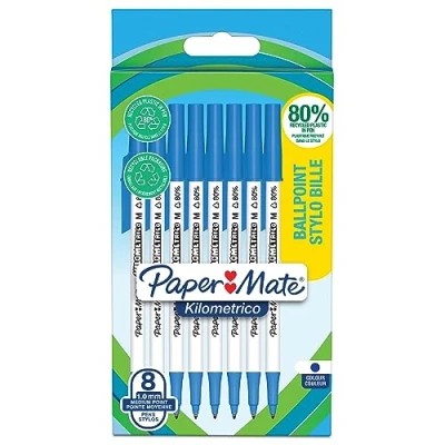 Abbildung von PAPER MATE Kilometrico Kugelschreiber lange Schreibdauer mit mittlerer Spitze (1,0 mm) blaue Tinte 80% recyceltes Plastik 8 Stück