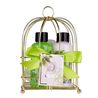 Abbildung von Accentra Duschset Frauen Geschenkset OLIVE in wunderschönem Drahtkorb 3 teiliges Pflegeset mit Duschgel, Bodylotion und Badeschwamm Wellness Geschenk Set zum Geburtstag, Muttertag &amp; Valentinstag