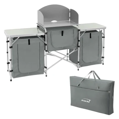 Abbildung von Hauki Camping Küche, Grau, Campingschrank faltbar mit Tragetasche, Reiseküche Windschutz, Küchenschrank Arbeitsplatte, Staufächern, Alu Outdoorküche, Küchenbox klappbar, Zeltschrank tragbar