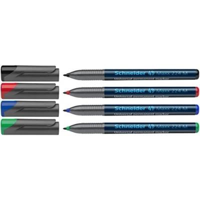 Abbildung von Schneider 224 M Universal Marker (Permanent, 1 mm, Cap Off Ink) 4er Etui schwarz/rot/blau/grün