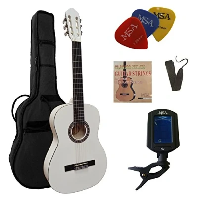 Abbildung von 4/4 GITARRE KONZERTGITARRE IM SET CLASSIC WEIß DECKE LINDENHOLZ TASCHE BAND SAITEN 3xPIK STIMMGERÄT ET33B C26