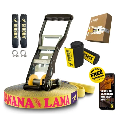 Abbildung von Gibbon Slacklines BananaLama XL Treewear Set 25m Länge 3,5cm Breite Anfänger &amp; Fortgeschrittene Longline Trampolin Effekt Einfacher Aufbau Umweltverträglich Inkl. Zubehör