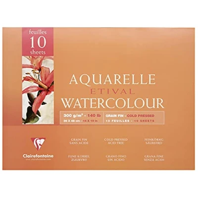 Abbildung von Clairefontaine 96573C Malblock, 4 seitig verleimt Aquarellpapier Feinkörnig, Etival/Zellulose, 36 x 48 cm, 10 Blatt, 300 g Packung, weiß