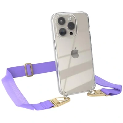 Abbildung von EAZY CASE Hülle mit Band kompatibel iPhone 15 Pro Handyhülle Umhängeband für Silikonhülle Transparent Schutzhülle Handykette zum Umhängen Handykordel Smartphone in Lila Gold