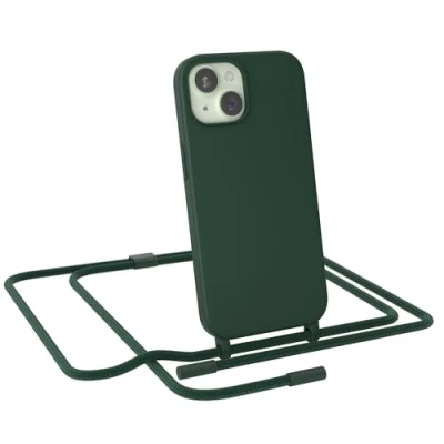 Abbildung von EAZY CASE Handykette kompatibel mit iPhone 15 dünne Handyhülle für Hülle Band als Fallschutz Kette zum Umhängen stoßeste Silikon Mikrofaser in Pinien Grün