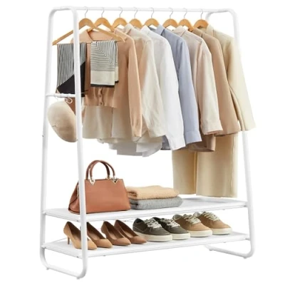 Abbildung von VASAGLE Kleiderständer, Garderobenständer, Garderobe, 2 Ablagen, 6 Haken in S Form, Stahlgestell, für Schlafzimmer, Flur, Eingangsbereich, wolkenweiß mattweiß RGR112W02