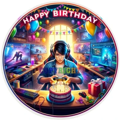 Abbildung von Fondant Tortenaufleger Tortenbild Geburtstag Happy Birthday Zocker, Gamer K 115
