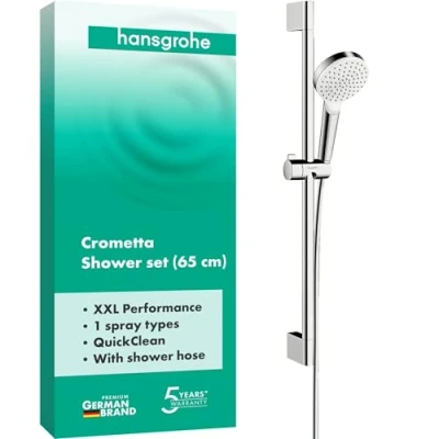 Abbildung von hansgrohe Brausegarnitur &quot;Crometta&quot;, (Komplett Set), 10cm, mit Duschstange 65cm, Weiß/chrom