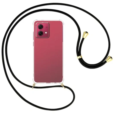 Abbildung von mtb more energy® Handykette kompatibel mit Motorola Moto G84 5G schwarz/Goldfarbene Ösen Smartphone Hülle zum Umhängen Anti Shock Full TPU Case